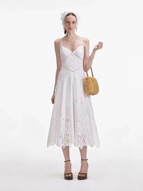 NWT Self Portrait White Cotton Embroidered Midi Dress, 4